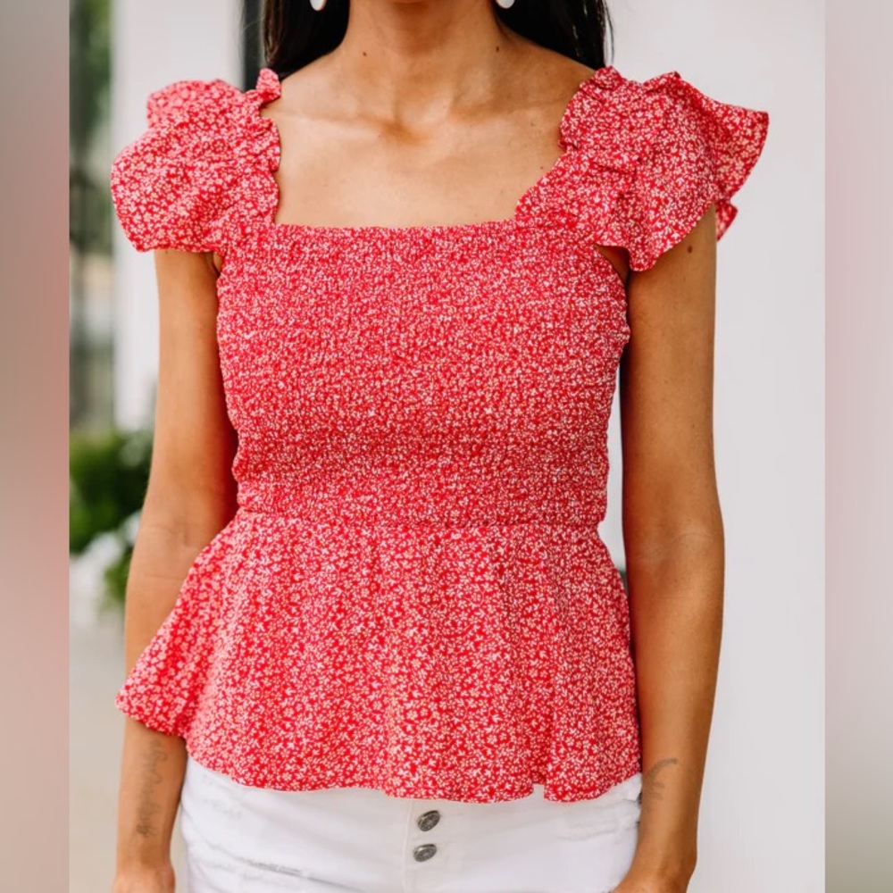 Red Square Neck Ruffled Floral Patterned Top - image 2